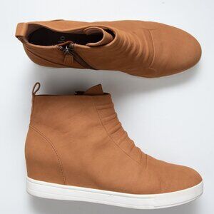 Linea Paolo Ashley Sneaker High Top Wedge Ankle Boot Ruched Leather Brown 8